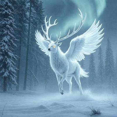 The primary subject of the image is a white deer with antlers, standing in a snowy environment. The deer appears to be flying through the air, giving the impression of a magical or fantastical scene. The setting is a snow-covered forest, with trees visible in the background. The visual style of the image is a combination of photo and digital art, creating a unique and captivating scene. The colors and mood of the image are predominantly white and cold, with the snow and the deer's antlers adding a touch of warmth and beauty to the overall atmosphere.